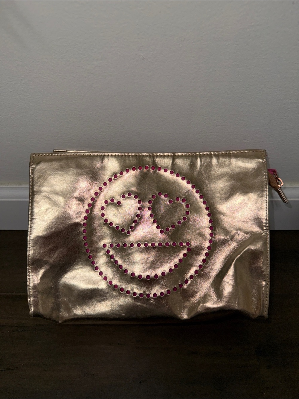 Metallic Gold Heart-Eyes Emoji Clutch with Pink Studs